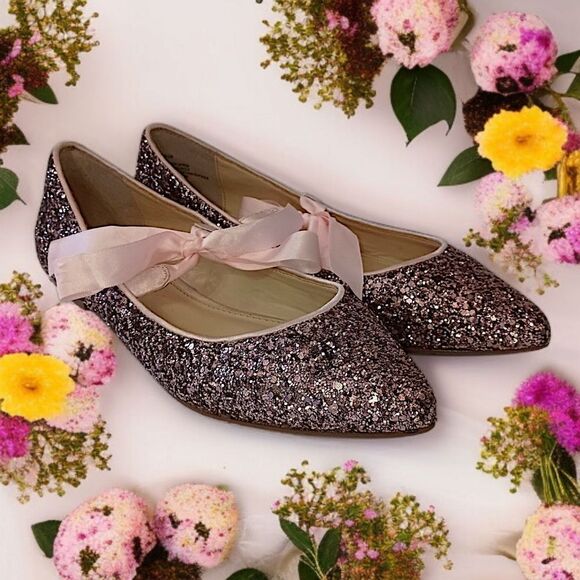 Betsey Johnson Glittery Ballet Flats 6M Lia Balletcore Bow Tie Romantic Coquette - Picture 14 of 16